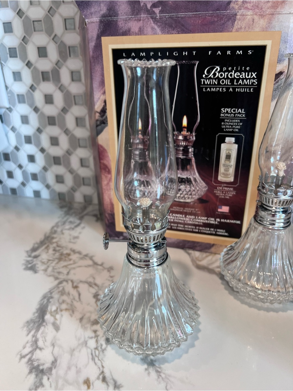 Lamplight Petite Bordeaux Twin Oil Lamps 9” USA Glass Set + Bonus Lamp Oil
